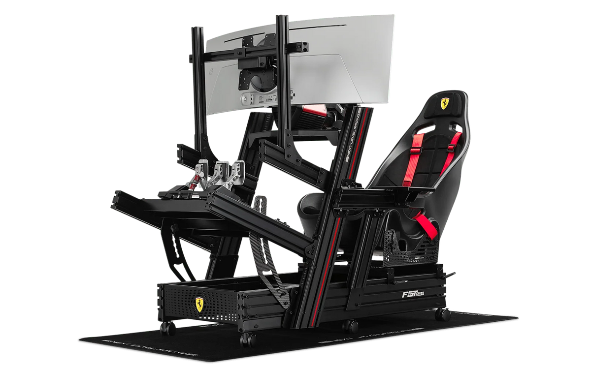 F1 simulator at home: Next Level Racing F-GT Elite 160 Scuderia Ferrari Edition simulator bundle, shown with seat, pedals and monitor stand