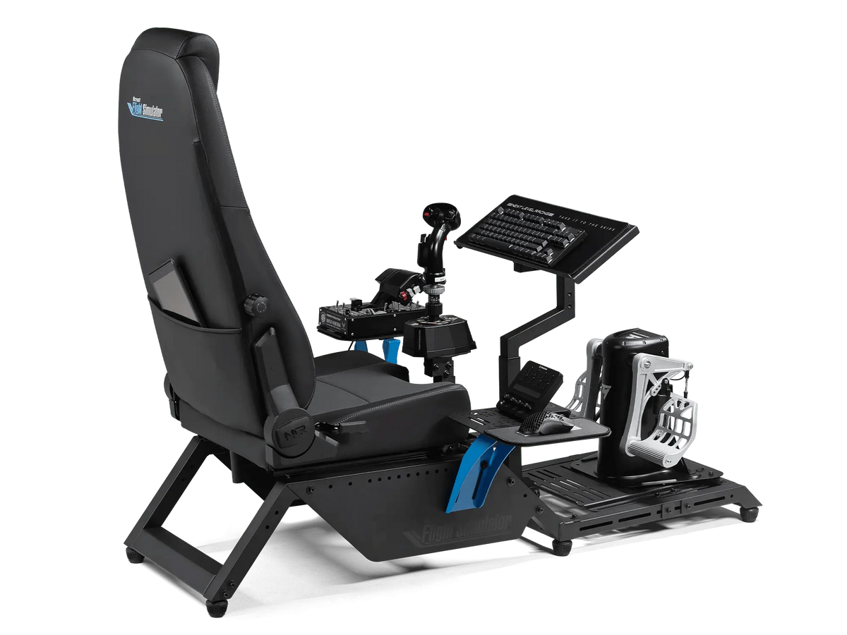 Flight simulator cockpit: Next Level Racing Flight Simulator with a flight stick, throttle and rudder pedals mounted