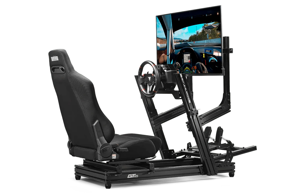 A sim racing game on screen in a Next Level Racing GTElite Lite cockpit with a racing wheel and pedals