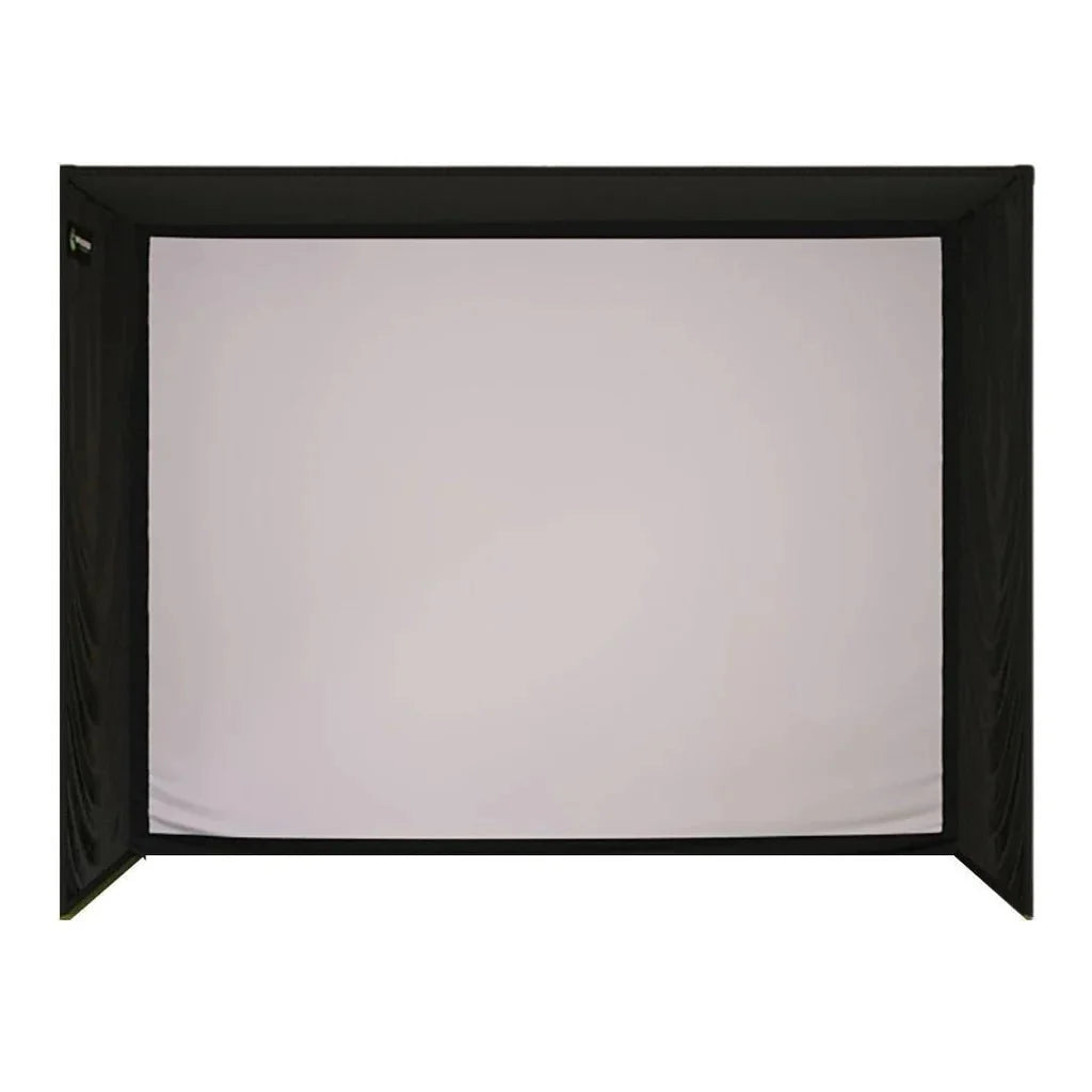 Front view of a golf simulator enclosure with a white impact screen set inside a black fabric surround