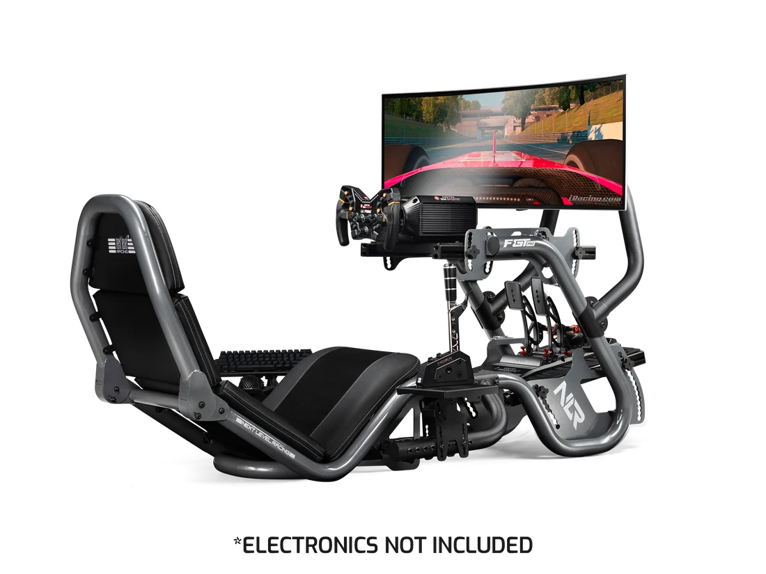 Next Level  racing simulator seat and steering wheel rig with a curved monitor displaying a race scene, shown on a white background with the text '*ELECTRONICS NOT INCLUDED' below.